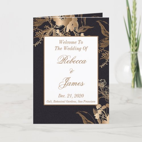 Elegant Gold Flowery Roses Buds Wedding Folded Program