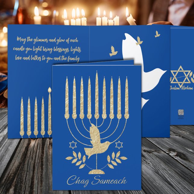Elegant Gold Flying Dove Menorah Blue Hanukkah Holiday Card (Elegant Gold Flying Dove Menorah Blue Hanukkah Holiday Card, available in two sizes.)