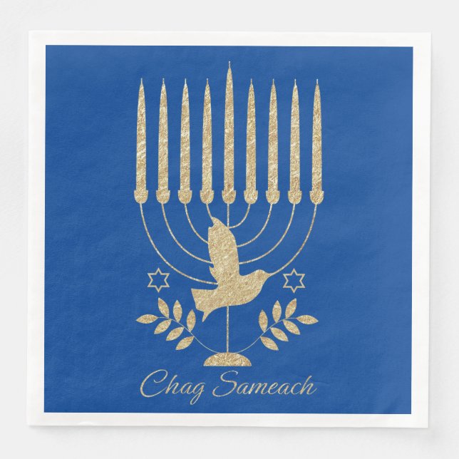 Elegant Gold Flying Dove Menorah Blue Hanukkah Paper Dinner Napkins (Front)