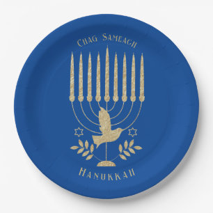 Elegant Gold Flying Dove Menorah Blue Hanukkah Paper Plates