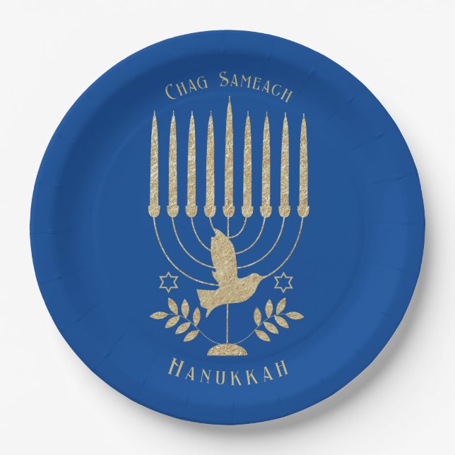 Elegant Gold Flying Dove Menorah Blue Hanukkah Paper Plates (Front)