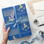 Elegant Gold Flying Dove Menorah Blue Hanukkah Wrapping Paper<br><div class="desc">A modern gold and blue Hanukkah gift wrapping paper featuring a beautiful shimmering gold menorah with a flying dove in a repeat pattern on a rich dark blue background.</div>