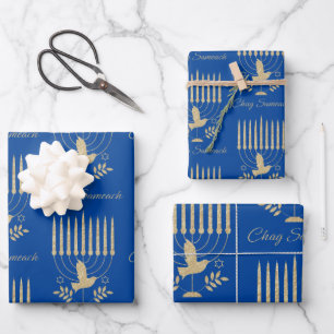 Elegant Gold Flying Dove Menorah Blue Hanukkah Wrapping Paper Sheets