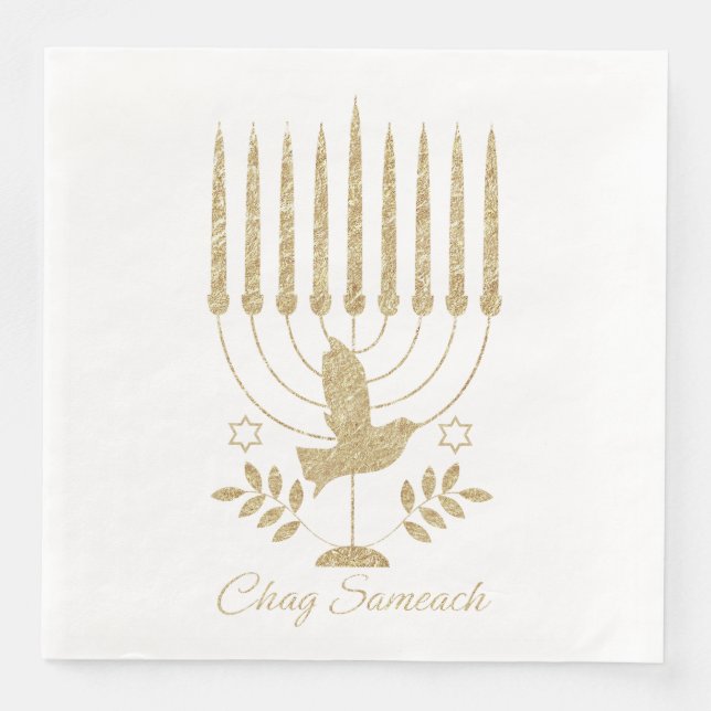 Elegant Gold Flying Dove Menorah Hanukkah Paper Dinner Napkins (Front)