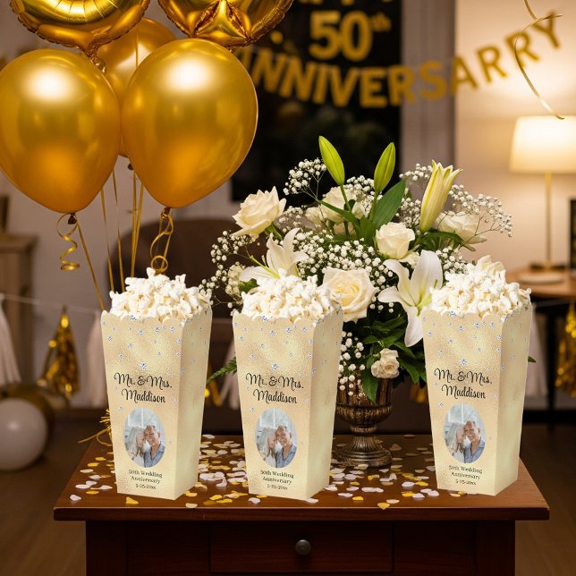 Elegant Gold Foil & 50th Anniversary Popcorn Favor Boxes (Creator Uploaded)