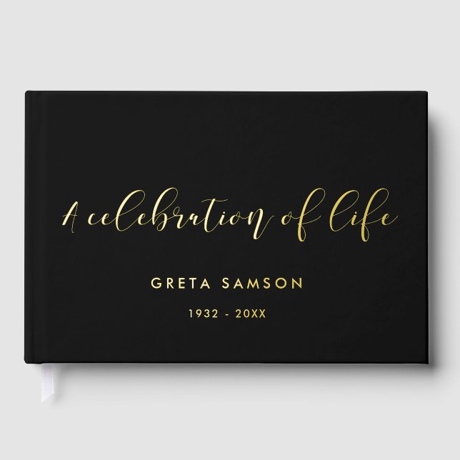 Elegant Gold Foil A celebration of life funeral Guest Book (Front)