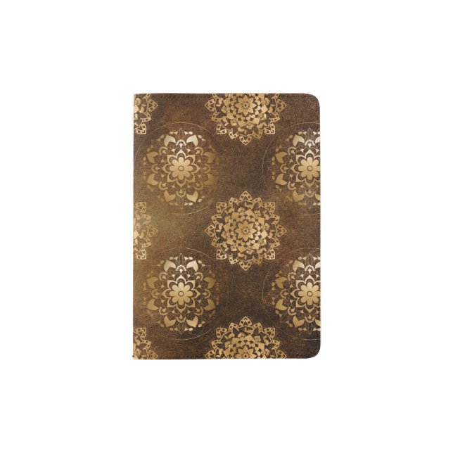 Elegant Gold Foil and Black Indian Mandala Passport Holder (Front)