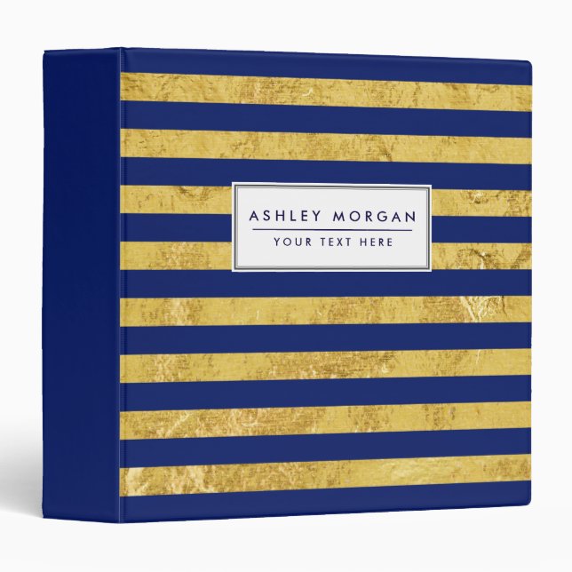 Elegant Gold Foil and Blue Stripe Pattern 3 Ring Binder (Front/Spine)