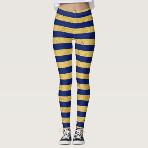 Elegant Gold Foil and Blue Stripe Pattern Leggings