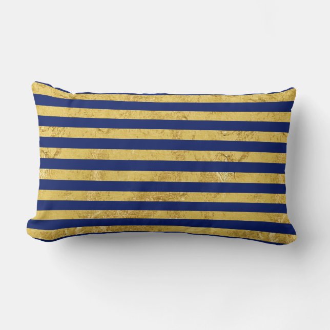 Elegant Gold Foil and Blue Stripe Pattern Lumbar Pillow (Front)