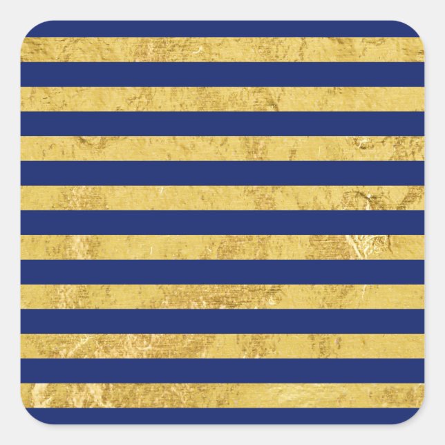 Elegant Gold Foil and Blue Stripe Pattern Square Sticker (Front)