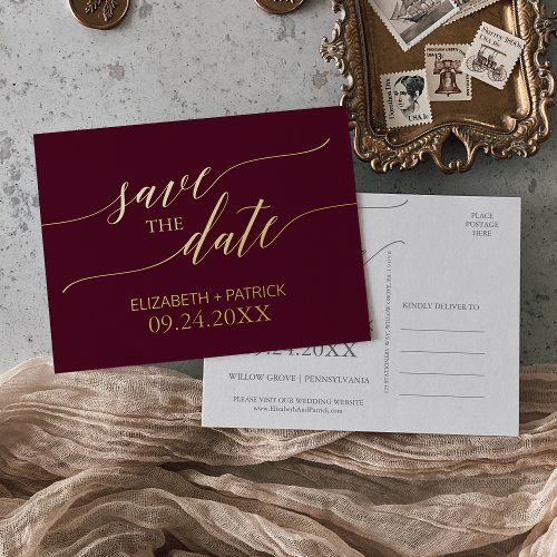 Elegant Gold Foil and Burgundy Save the Date Foil Invitation Postcard