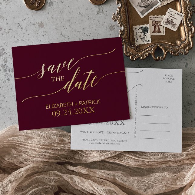 Elegant Gold Foil and Burgundy Save the Date Invitation Postcard (Creator Uploaded)