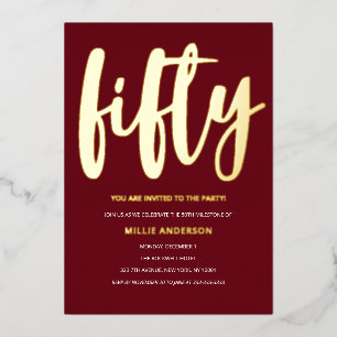 Elegant Gold Foil and Deep Red 50th Birthday Party Invitation