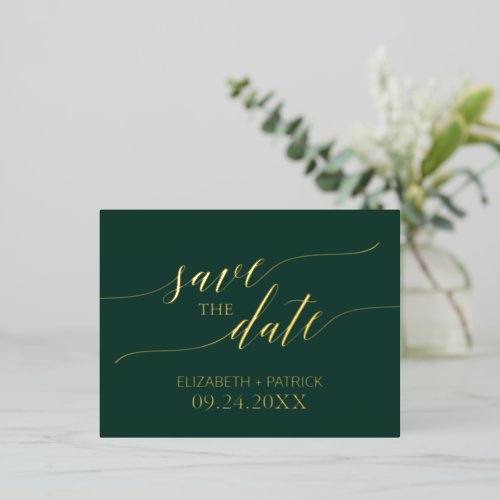 Elegant Gold Foil and Emerald Green Save the Date Foil Invitation Postcard