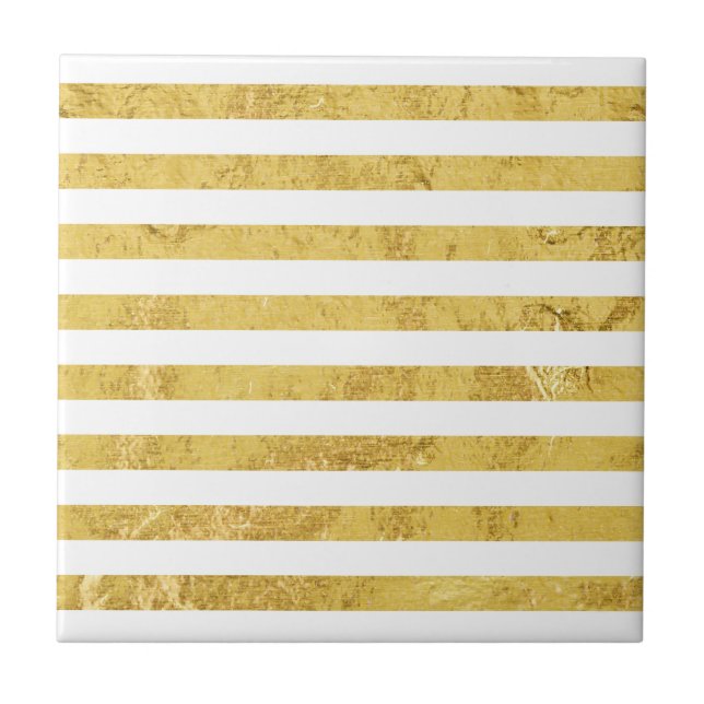Elegant Gold Foil and White Stripe Pattern Tile (Front)