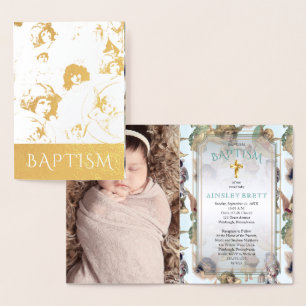 Elegant Gold Foil Angels Baby Girl Photo Baptism Card