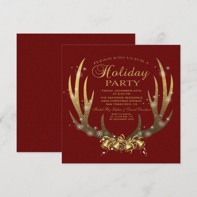 Elegant Gold Foil Antlers Holiday Party Invitation (Front/Back)