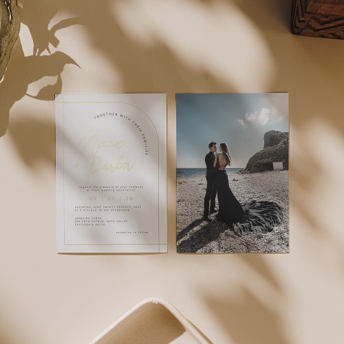 Elegant Gold Foil Arch  Calligraphy Photo Wedding Foil Invitation