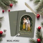 Elegant Gold Foil Arch Green Gold Holiday Photo<br><div class="desc">Minimalist Arch Green Gold Happy Holidays Photo Cards featuring your photo and our stunning chic boho typography and geometric arch in dusty sage green and real gold foil! Perfect for your elegant holiday cards! Please contact us at cedarandstring@gmail.com if you need assistance with the design or matching products.</div>
