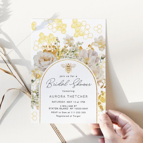 Elegant gold foil bee bridal shower invitation