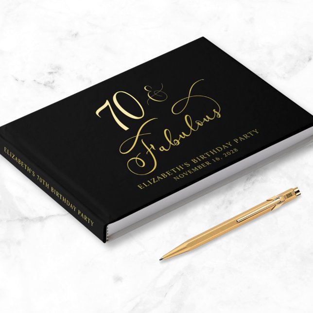 Elegant Gold Foil Black 70th Birthday Party Guest Book (Creator Uploaded)