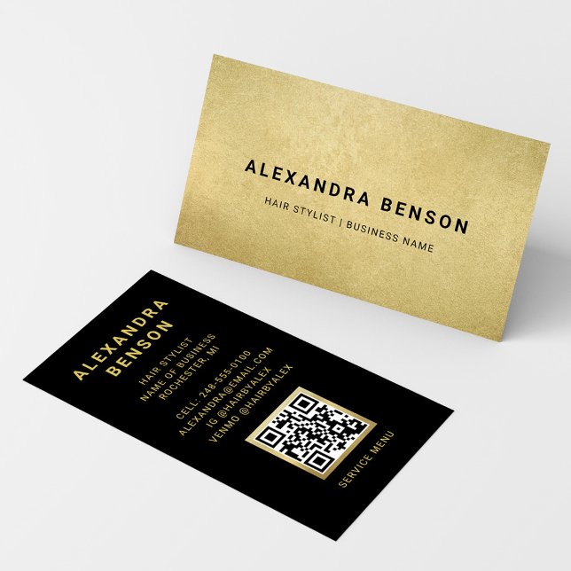 Elegant Gold Foil Black Hair Stylist QR Code Business Card (Creator Uploaded)