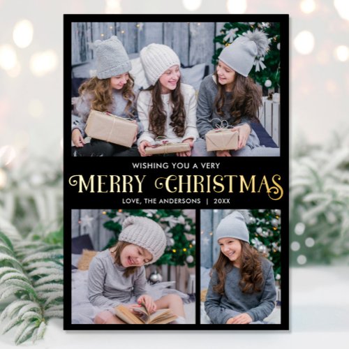 Elegant gold foil black Merry Christmas 3 photo Foil Holiday Card