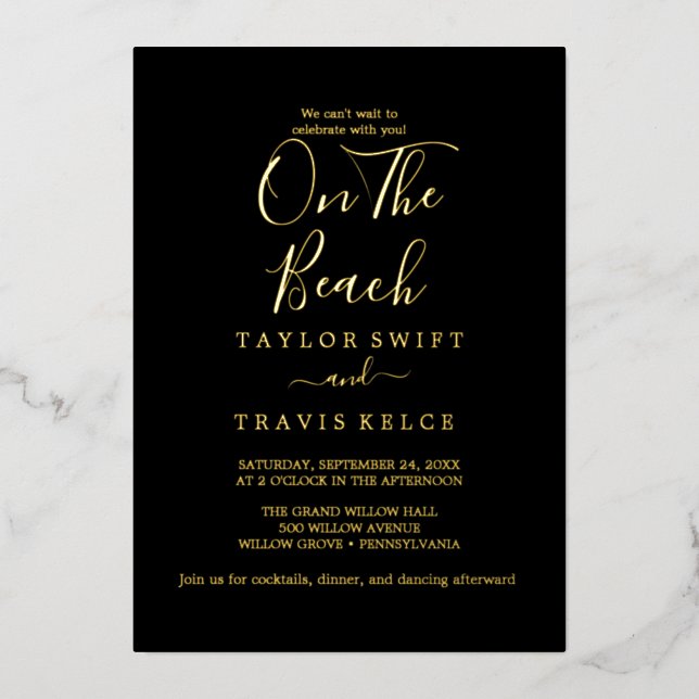 Elegant Gold Foil | Black On The Beach Wedding  Invitation (Front)