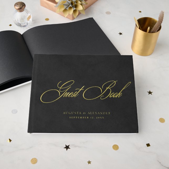 Elegant Gold Foil & Black Velvet Imitation Wedding Foil Guest Book (Front Open)