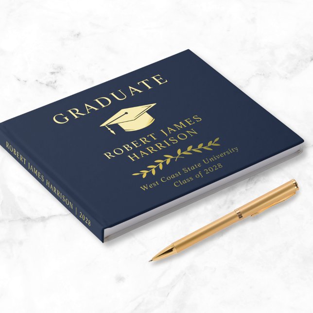 Elegant Gold Foil Blue Graduation Party Guest Book (Creator Uploaded)
