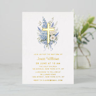 Elegant gold foil blue hydrangea baptism invitation