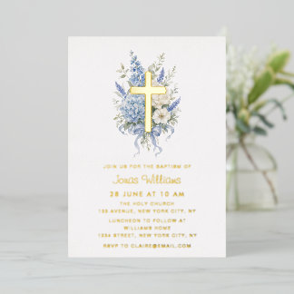Elegant gold foil blue hydrangea baptism invitation