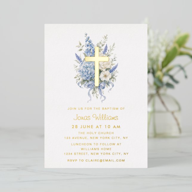 Elegant gold foil blue hydrangea baptism invitation (Standing Front)