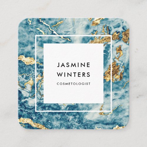Elegant gold foil blue marble watercolor minimal square business card