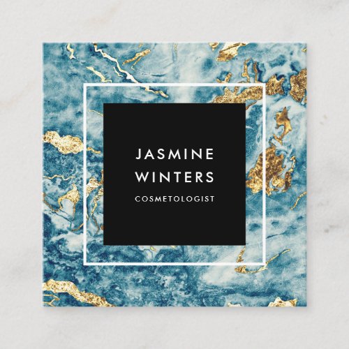 Elegant gold foil blue marble watercolor minimal square business card