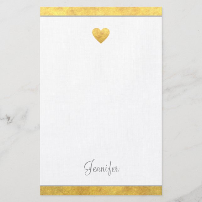 Elegant Gold Foil Border Heart Modern Script Stationery (Front)