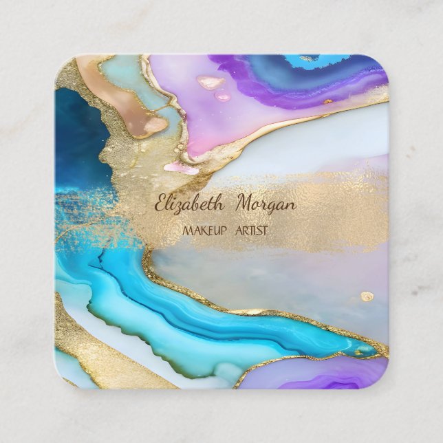 Elegant Gold Foil Brush Stroke,Blue Violet Marble Square Business Card (Front)