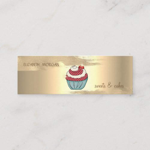 Elegant Gold Foil Brush Stroke Cupcake Cherry Mini Business Card