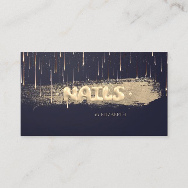 Elegant Gold Foil Brush Stroke Drips Nails Blue Business Card (Front)