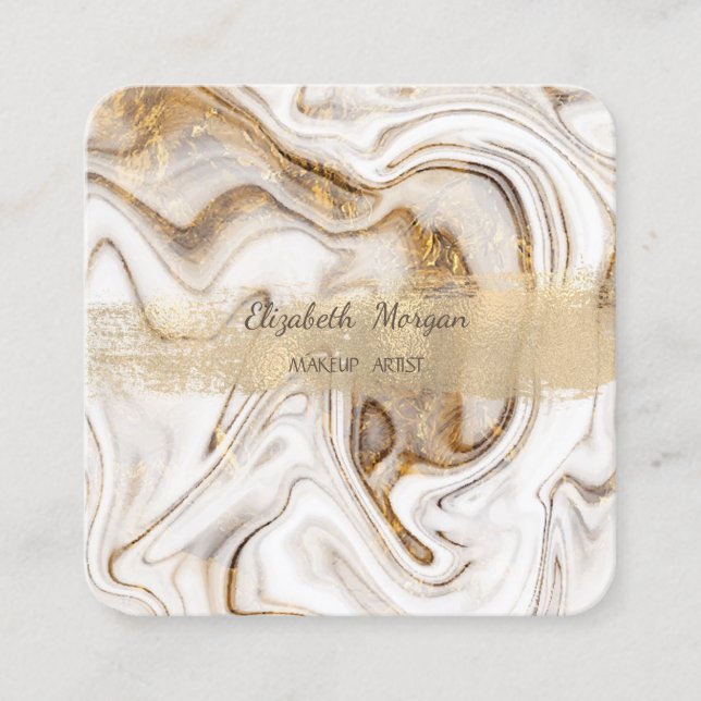 Elegant  Gold Foil Brush Stroke,White Gold Marble Square Business Card (Front)