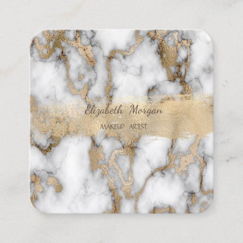 Elegant Gold Foil Brush StrokeWhite Marble Square Business Card