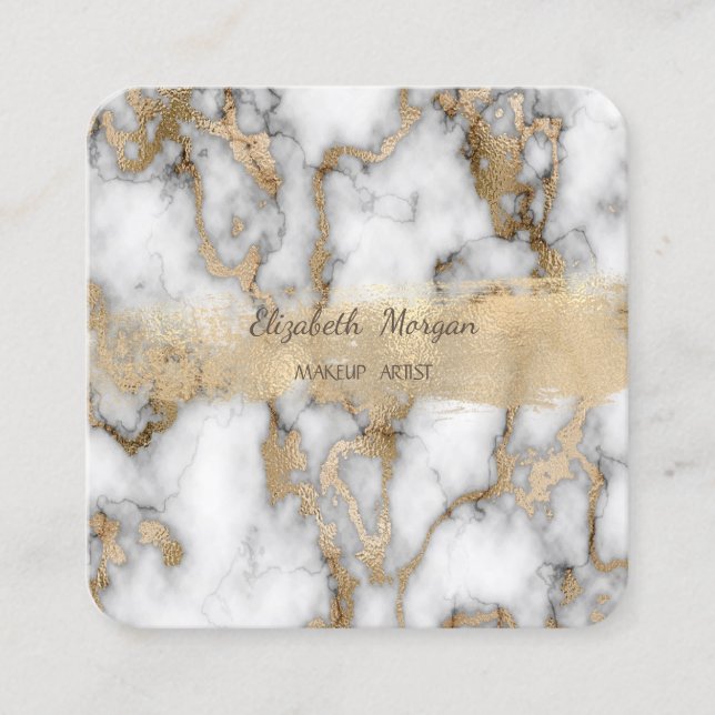 Elegant Gold Foil Brush Stroke,White Marble Square Business Card (Front)