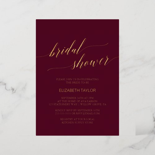 Elegant Gold Foil  Burgundy Bridal Shower Foil Invitation