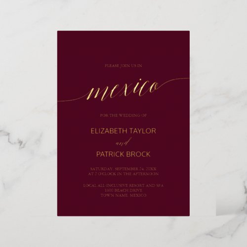 Elegant Gold Foil  Burgundy Destination Wedding Foil Invitation