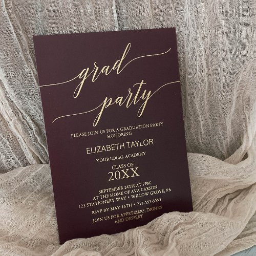 Elegant Gold Foil  Burgundy Graduation Party Foil Invitation