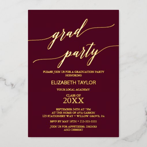 Elegant Gold Foil | Burgundy Graduation Party Foil Invitation | Zazzle