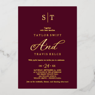 Elegant Gold Foil Burgundy Monogram Wedding Foil Invitation