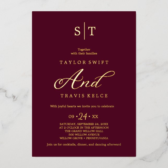 Elegant Gold Foil | Burgundy Monogram Wedding  Invitation (Front)