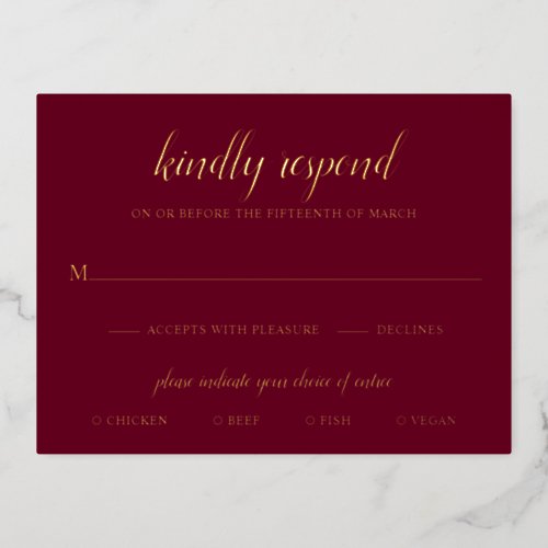 Elegant Gold Foil Burgundy Wedding RSVP Card